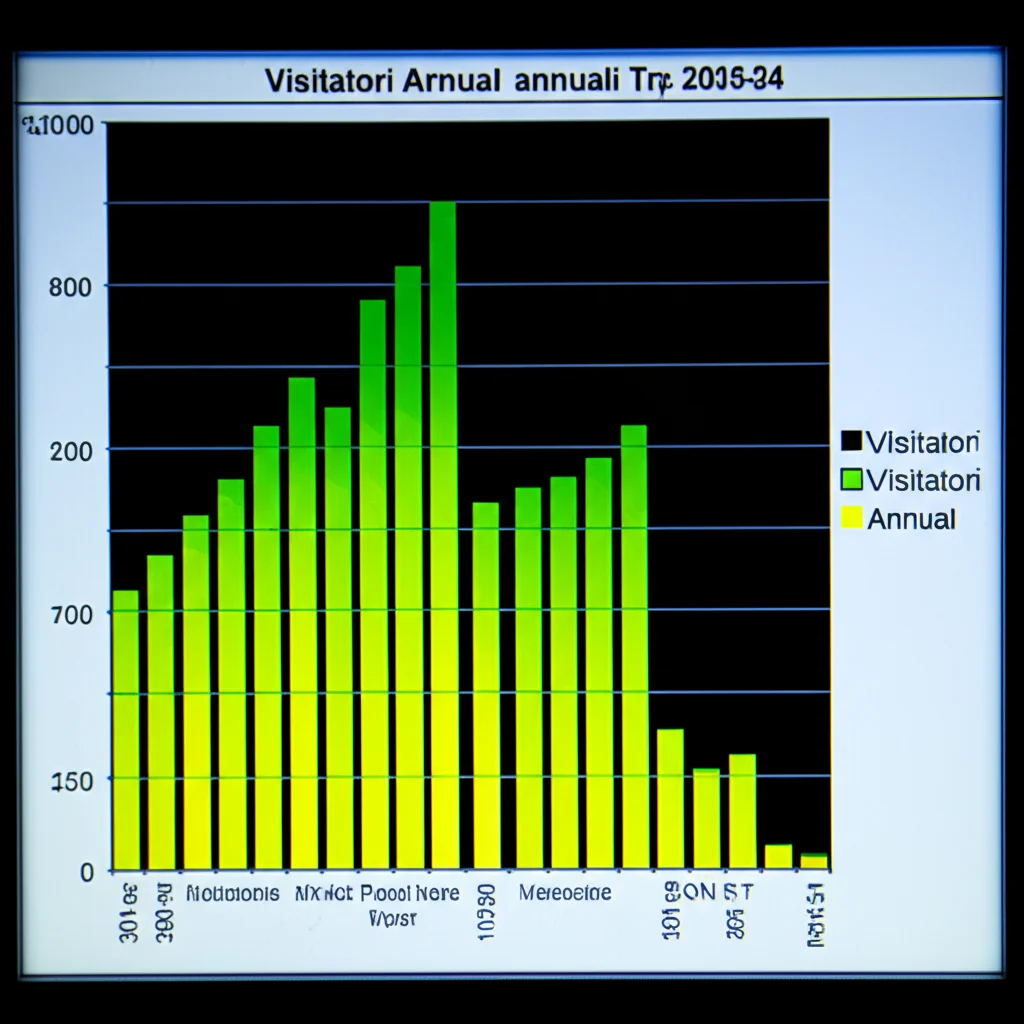 Un grafico a barre colorato che mostra il numero di visitatori annuali in diverse aree protette africane, visualizzato su uno schermo di computer. Macro lens, 90mm, high detail, precise focusing, controlled lighting sullo schermo.