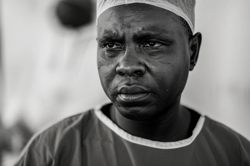 Un ritratto toccante di un operatore sanitario ghanese, stanco ma determinato, in un contesto ospedaliero con risorse limitate nel nord del Ghana. Obiettivo prime, 35mm, bianco e nero, profondità di campo per enfatizzare l'espressione.