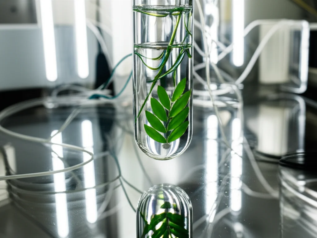 Un reattore PEC di tipo O-ring in laboratorio, con una foglia artificiale al suo interno che produce bollicine di gas (idrogeno e ossigeno) sotto illuminazione solare simulata. Still life, 60mm, controlled lighting, bolle di gas chiaramente visibili, riflessi sulla superficie dell'elettrolita.