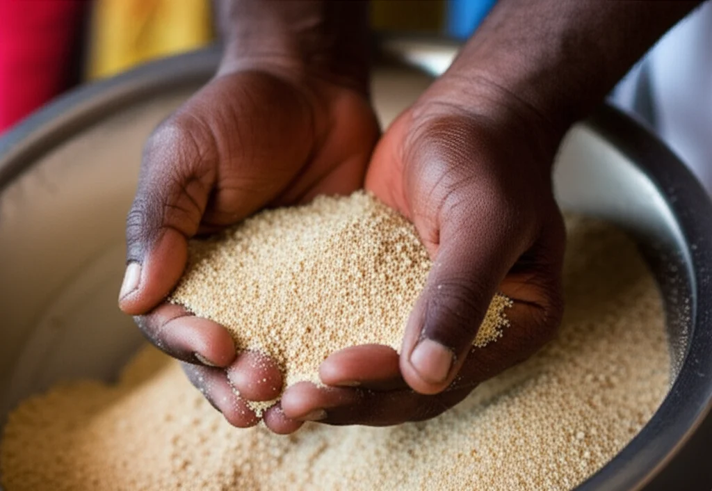 Una fotografia macro di mani che preparano con cura una formula terapeutica locale per bambini malnutriti, utilizzando ingredienti locali in una ciotola. Obiettivo macro, 90mm, alta definizione, illuminazione controllata per evidenziare la texture degli ingredienti.