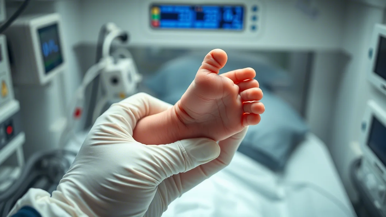 Foto macro di un minuscolo piedino di neonato pretermine tenuto delicatamente da una mano adulta guantata in un'incubatrice high-tech, illuminazione controllata, obiettivo macro 90mm, alta definizione dei dettagli della pelle e delle attrezzature mediche circostanti.