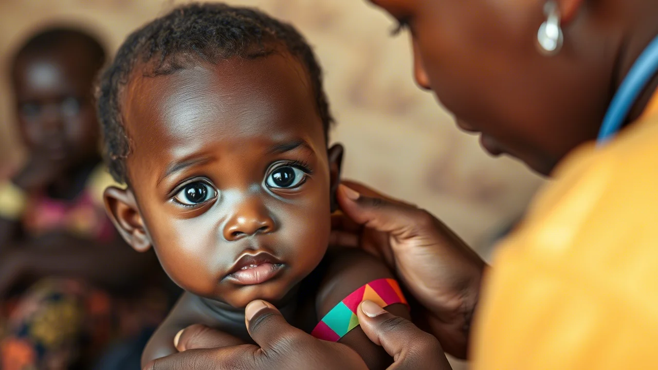 Un bambino piccolo nel nord del Ghana che riceve cure nutrizionali, con un operatore sanitario che misura delicatamente la circonferenza del braccio (MUAC) con un nastro colorato. Obiettivo zoom, 50mm, colori naturali, luce soffusa, espressione di speranza negli occhi del bambino e concentrazione in quelli dell'operatore.