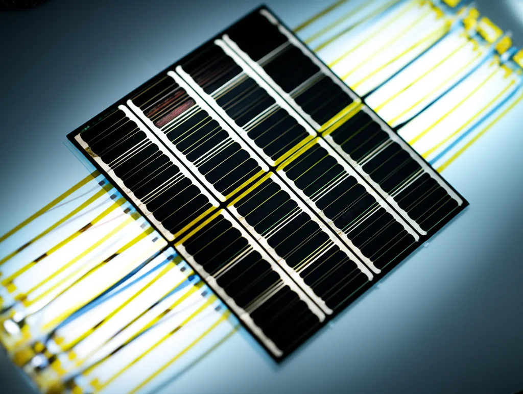 Un mini-modulo di foglia artificiale da 16 cm², composto da un array 4x4 di sottocelle, che mostra le connessioni e la struttura modulare. Still life, prime lens, 50mm, high detail, illuminazione uniforme per evidenziare l'assemblaggio.