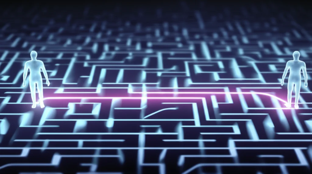 Un'immagine concettuale che mostra due figure umane stilizzate (entità) distanti tra loro in un labirinto complesso di linee e nodi (testo). Una linea luminosa (relazione estratta) le collega direttamente, bypassando il labirinto. L'immagine dovrebbe avere un'atmosfera high-tech, con un obiettivo prime da 35mm per una prospettiva ampia ma definita, e un effetto duotone blu e viola per enfatizzare la natura digitale e complessa del processo.