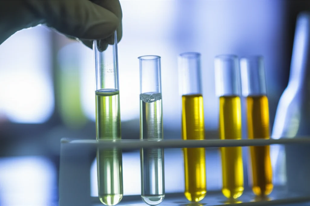 Un primo piano di provette in un laboratorio di chimica. Una provetta mostra una reazione colorimetrica che passa da incolore a un giallo pallido, indicando la formazione di nanoparticelle d'argento. Luce da laboratorio controllata, obiettivo macro da 90mm per dettagli precisi sulla soluzione e sulle nanoparticelle in sospensione.