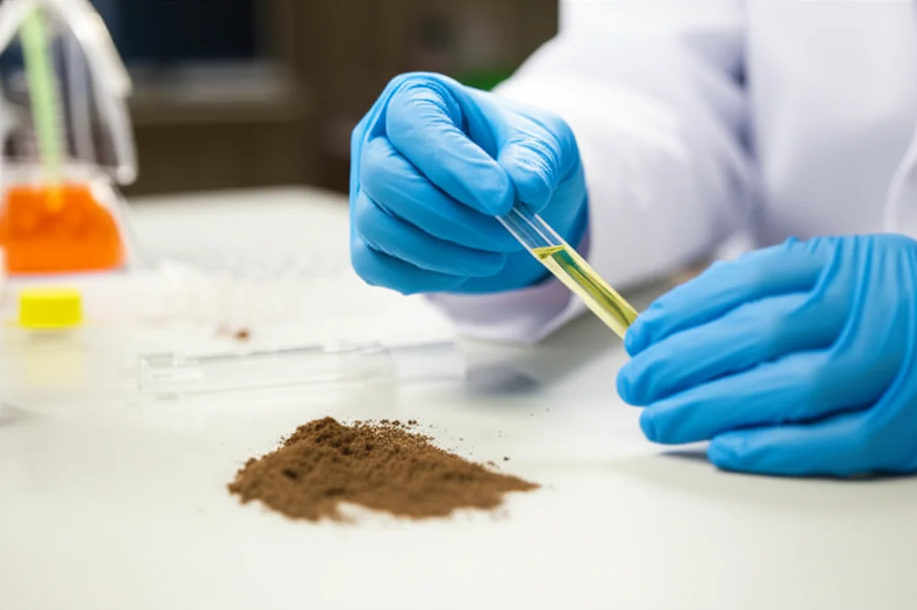 Un kit di rilevamento portatile 'all-in-a-tube' utilizzato da un esperto forense in un contesto di indagine simulato, ad esempio un tavolo con campioni di terreno. L'esperto osserva il cambiamento di colore in una provetta. Obiettivo prime da 35mm, profondità di campo per mettere a fuoco il kit e l'esperto, sfondo leggermente sfocato.