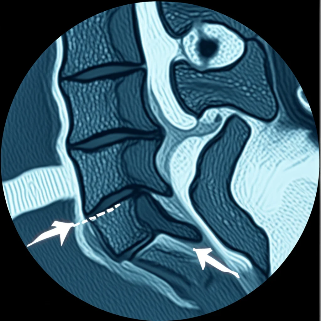 Visualizzazione di una scansione RMN Dixon della colonna lombare, con focus sulle immagini 'fat-only' che evidenziano i muscoli paravertebrali. L'immagine dovrebbe avere un aspetto clinico ma chiaro, magari con un leggero zoom sui muscoli, utilizzando una lente da 35mm per un effetto realistico e dettagliato, con annotazioni che indicano le aree di interesse.