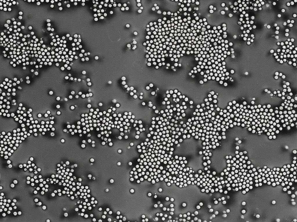Immagine al microscopio elettronico a trasmissione (STEM) estremamente dettagliata di nanoparticelle d'argento sferiche, di dimensioni comprese tra 1 e 10 nm, uniformemente distribuite. Illuminazione ad alto contrasto per evidenziare la morfologia delle nanoparticelle. Obiettivo macro specializzato per imaging scientifico, altissima risoluzione.