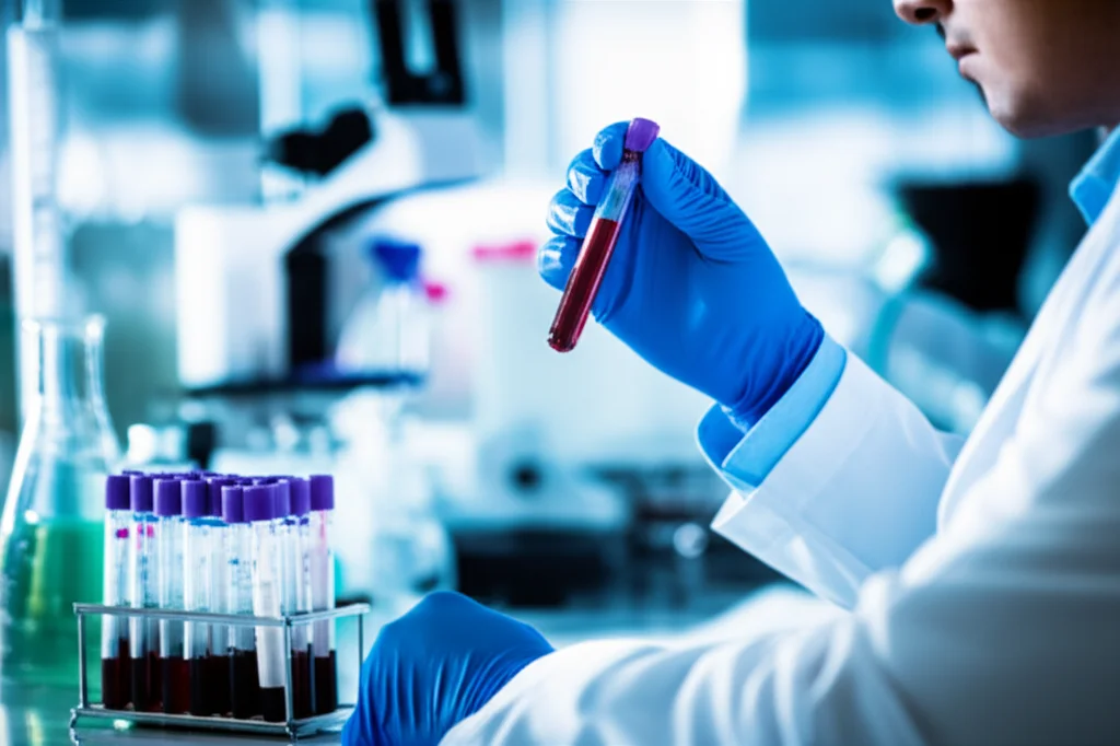 Un tecnico di laboratorio con guanti e camice bianco maneggia con cura una provetta contenente un campione di sangue, su un bancone di laboratorio con attrezzature scientifiche sullo sfondo. Illuminazione controllata, obiettivo macro da 60mm, alta definizione per evidenziare i dettagli della provetta e del liquido.