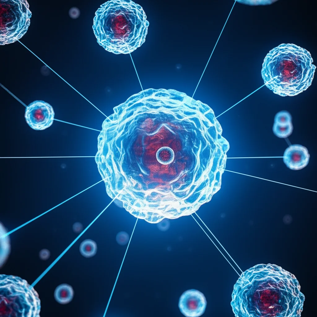 Visualizzazione grafica astratta di cinque biomarcatori tumorali che si uniscono per formare un'unica entità luminosa su uno sfondo digitale blu scuro, simboleggiando la diagnosi combinata. Dettagli nitidi, stile high-tech, obiettivo da 35mm per un effetto futuristico.