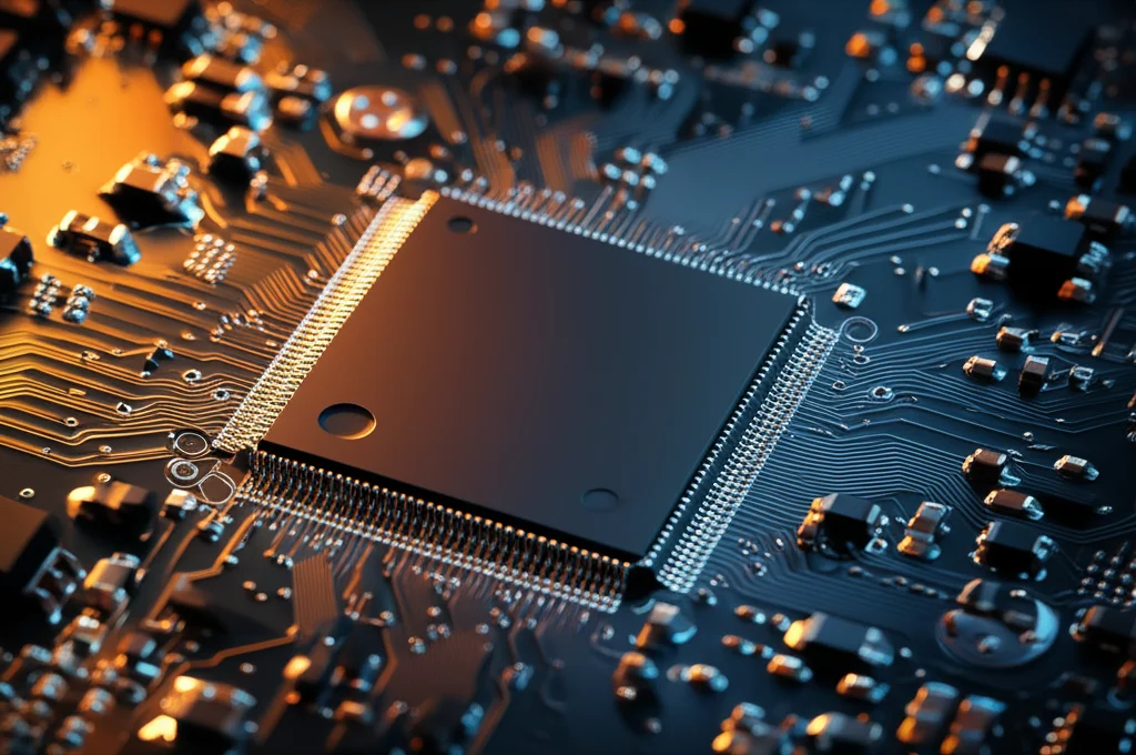 Un primo piano dettagliato, con obiettivo macro da 100mm, di chip e circuiti illuminati su una scheda madre, a simboleggiare l'intelligenza artificiale che analizza dati. Illuminazione controllata e precisa, alta definizione dei componenti.