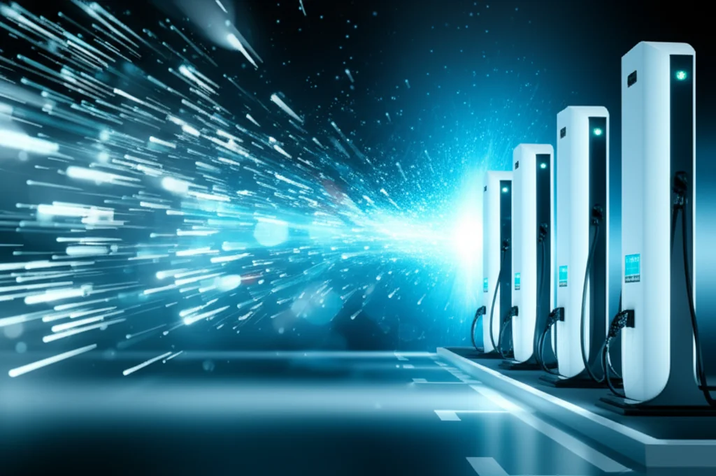 Visualizzazione astratta di un attacco informatico respinto da uno scudo di energia digitale che protegge una rete di stazioni di ricarica. Obiettivo tele zoom, 150mm, alta velocità dell'otturatore per congelare l'azione, tracciamento del movimento delle particelle digitali.