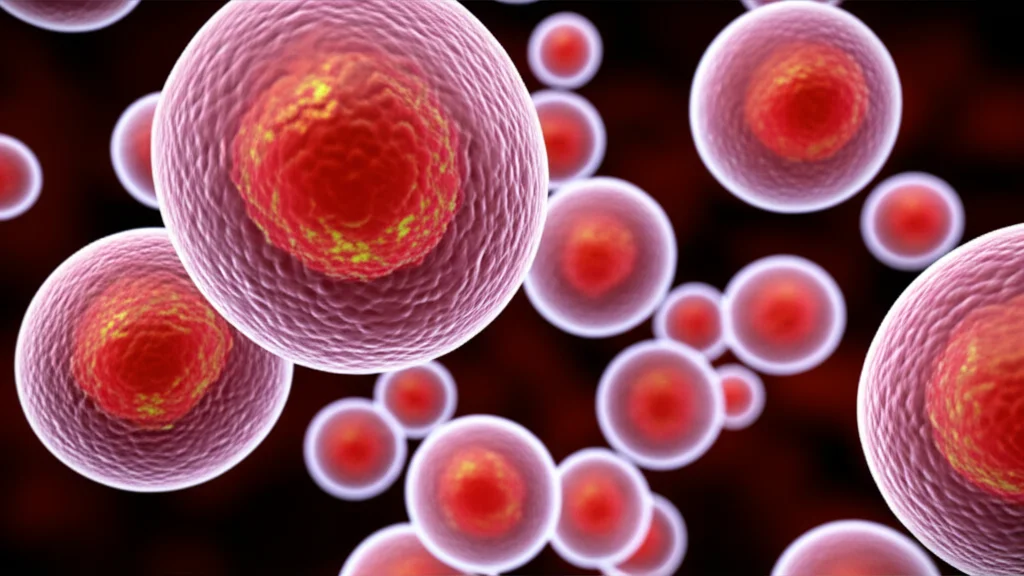 Visualizzazione 3D astratta di cellule tumorali neuroendocrine metastatiche che si diffondono, con un focus su una cellula in primo piano. Macro lens, 80mm, illuminazione drammatica e controllata per evidenziare la complessità cellulare.