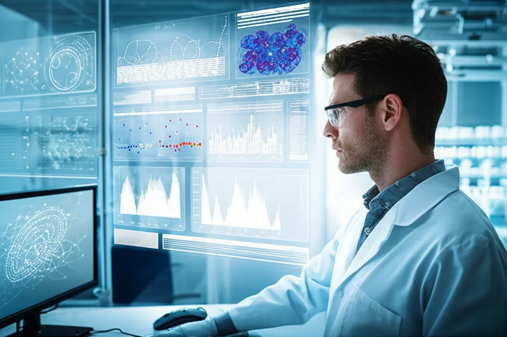 Ricercatore scientifico in un laboratorio moderno che osserva un'interfaccia digitale complessa con grafici di dati genomici e trascrittomici, rappresentanti i cluster di NEN. Prime lens, 35mm, profondità di campo, illuminazione da laboratorio high-tech.