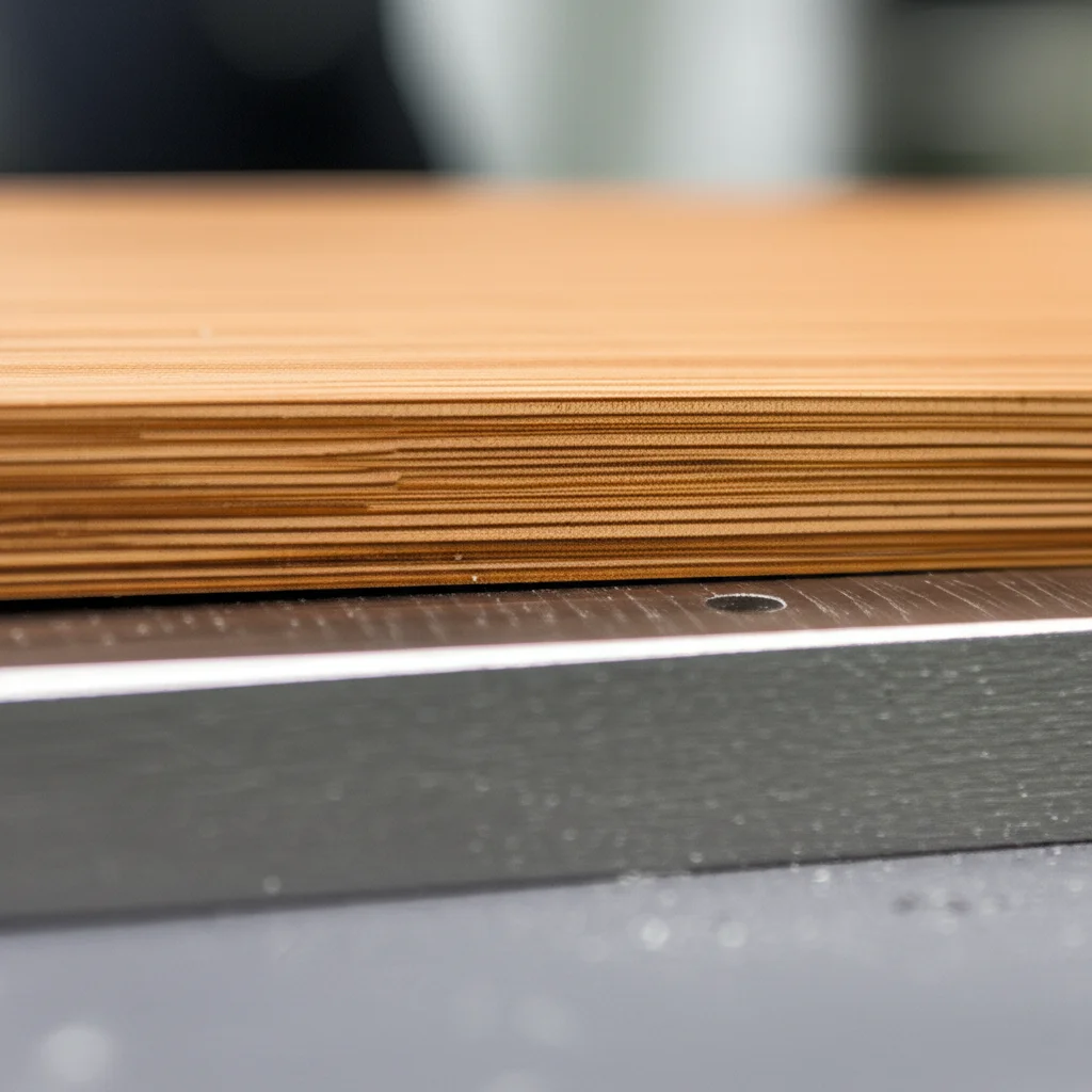 Un campione di laminato ibrido alluminio-legno posizionato su una macchina per test di flessione a tre punti in un laboratorio. Macro lens, 60mm, alta definizione dei dettagli delle venature del legno e della superficie metallica, illuminazione controllata per evidenziare le texture.