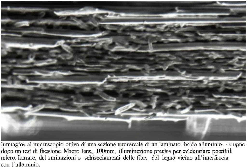 Immagine al microscopio ottico di una sezione trasversale di un laminato ibrido alluminio-legno dopo un test di flessione. Macro lens, 100mm, illuminazione precisa per evidenziare possibili micro-fratture, delaminazioni o schiacciamenti delle fibre del legno vicino all'interfaccia con l'alluminio.