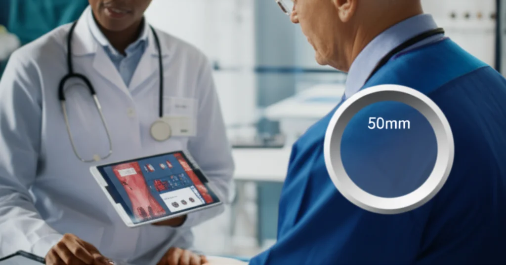 Medico che discute con un paziente in un ambiente clinico moderno, mostrando un tablet con dati molecolari personalizzati del tumore. Zoom lens, 50mm, luce naturale soffusa, espressioni di speranza e collaborazione.