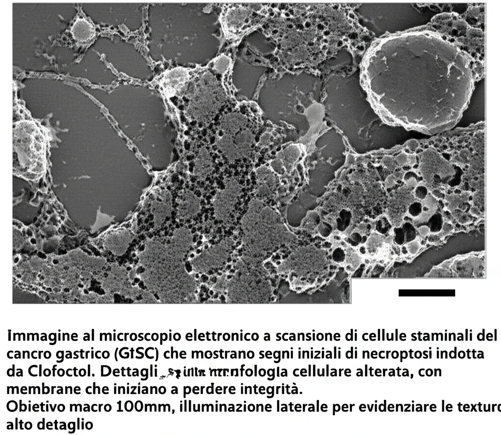 Immagine al microscopio elettronico a scansione di cellule staminali del cancro gastrico (GCSC) che mostrano segni iniziali di necroptosi indotta da Clofoctol. Dettagli sulla morfologia cellulare alterata, con membrane che iniziano a perdere integrità. Obiettivo macro 100mm, illuminazione laterale per evidenziare le texture, alto dettaglio.