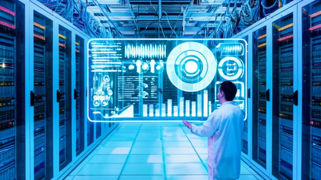 Immagine fotorealistica di un data center futuristico con server luminosi e flussi di dati digitali che si muovono rapidamente. Un ingegnere osserva un grande schermo olografico che mostra grafici complessi relativi alla sicurezza della rete e al rilevamento di anomalie. Obiettivo prime, 35mm, profondità di campo, duotone ciano e magenta.