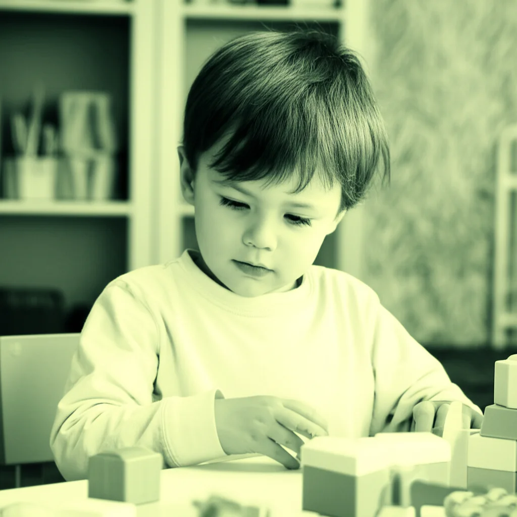 Un bambino in età prescolare, seduto a un tavolino, è assorto mentre gioca con dei blocchi colorati che richiedono pianificazione e problem solving. L'immagine è un ritratto scattato con un obiettivo da 35mm, utilizzando una palette duotone verde e crema, con una profondità di campo che mette a fuoco il bambino e sfuma leggermente lo sfondo della stanza giochi.
