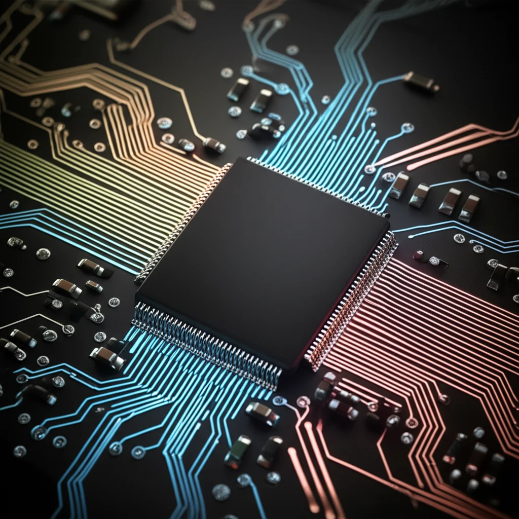 Fotografia macro di un microchip complesso con percorsi luminosi che simboleggiano il flusso di dati e l'intelligenza artificiale al lavoro. Obiettivo macro, 100mm, alta definizione, illuminazione controllata per evidenziare i dettagli del chip e i percorsi luminosi.