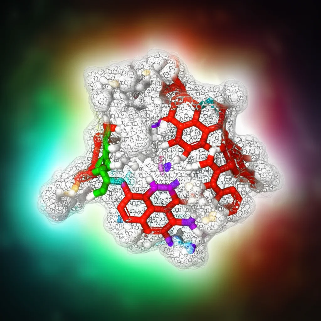 Modello 3D fotorealistico di una molecola di Clofoctol (struttura chimica dettagliata) che si lega specificamente al sito attivo della proteina RanBP2. L'interazione è evidenziata da legami idrogeno luminescenti. Obiettivo prime 35mm, profondità di campo per isolare il complesso molecolare, sfondo scuro per enfatizzare i dettagli.