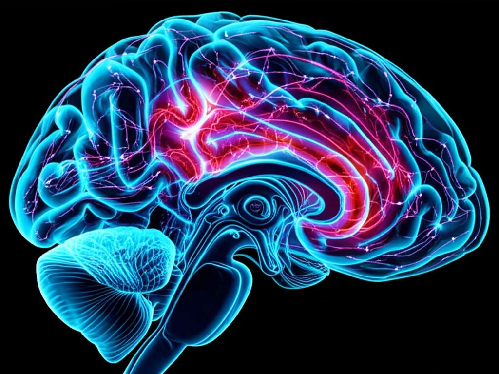 Un'illustrazione astratta ma fotorealistica del cervello umano, con particolare enfasi sulle aree frontali e parietali. Le connessioni neurali sono visualizzate come filamenti luminosi. Obiettivo macro da 100mm, alta definizione, illuminazione controllata per evidenziare le texture e i dettagli delle sinapsi.