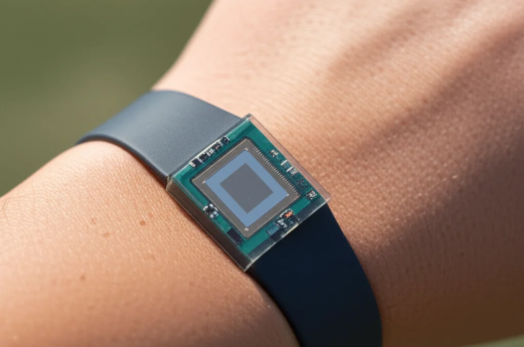 Fotografia di un prototipo di dispositivo indossabile per il monitoraggio ECG in tempo reale, con il chip f-MDPE integrato visibile sotto una superficie trasparente, indossato al polso di una persona, luce naturale, profondità di campo, obiettivo 35mm.