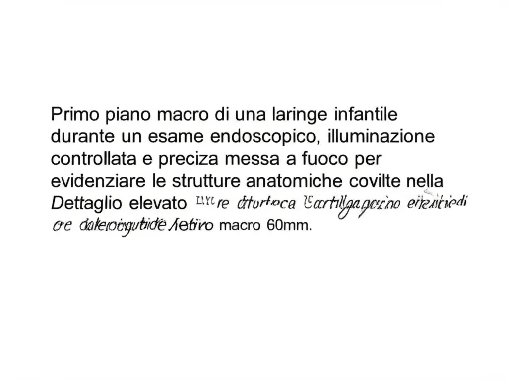 Primo piano macro di una laringe infantile durante un esame endoscopico, illuminazione controllata e precisa messa a fuoco per evidenziare le strutture anatomiche coinvolte nella laringomalacia. Dettaglio elevato delle cartilagini aritenoidi e dell'epiglottide. Obiettivo macro 60mm.