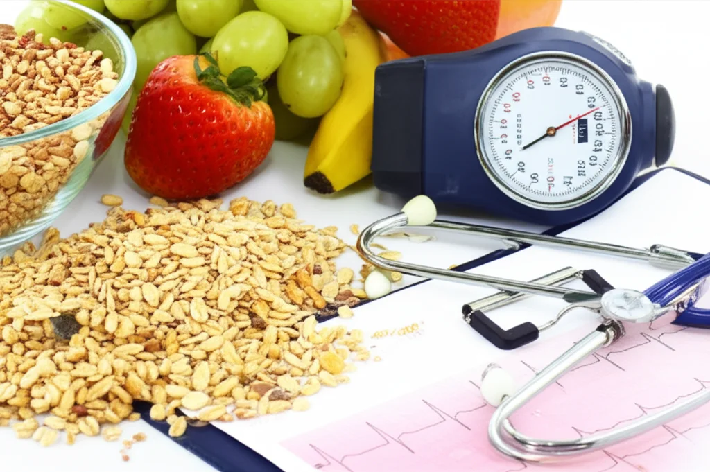 Un piatto di cibo sano con cereali integrali, frutta e verdura, accanto a un misuratore di pressione sanguigna e un referto medico con un elettrocardiogramma. Obiettivo macro da 100mm, alta definizione, illuminazione controllata da studio per esaltare i dettagli.