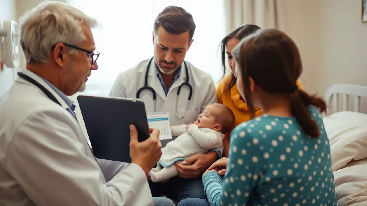 Ritratto di un medico pediatra che discute con i genitori di un neonato, utilizzando un tablet per mostrare grafici e informazioni sulla laringomalacia. Obiettivo da 35mm, profondità di campo per mettere a fuoco il gruppo, toni caldi e rassicuranti.