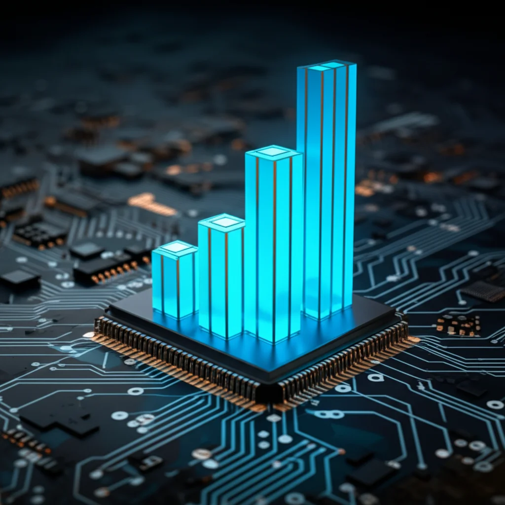 Visualizzazione concettuale dell'efficienza energetica dell'f-MDPE: un grafico che mostra una barra di consumo energetico minuscola per l'f-MDPE accanto a barre molto più grandi per CPU e GPU, su uno sfondo tecnologico astratto, illuminazione drammatica, obiettivo 50mm.
