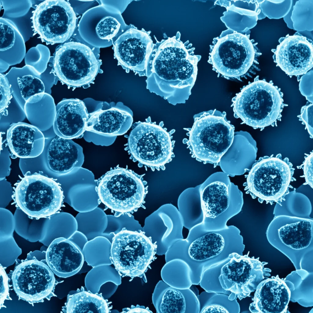 Macro fotografia di cellule immunitarie, monociti e linfociti T, in una piastra di Petri, illuminate con luce controllata per evidenziare dettagli cellulari, obiettivo macro 60mm, alta definizione, colori duotone blu e giallo per distinguere i tipi cellulari.