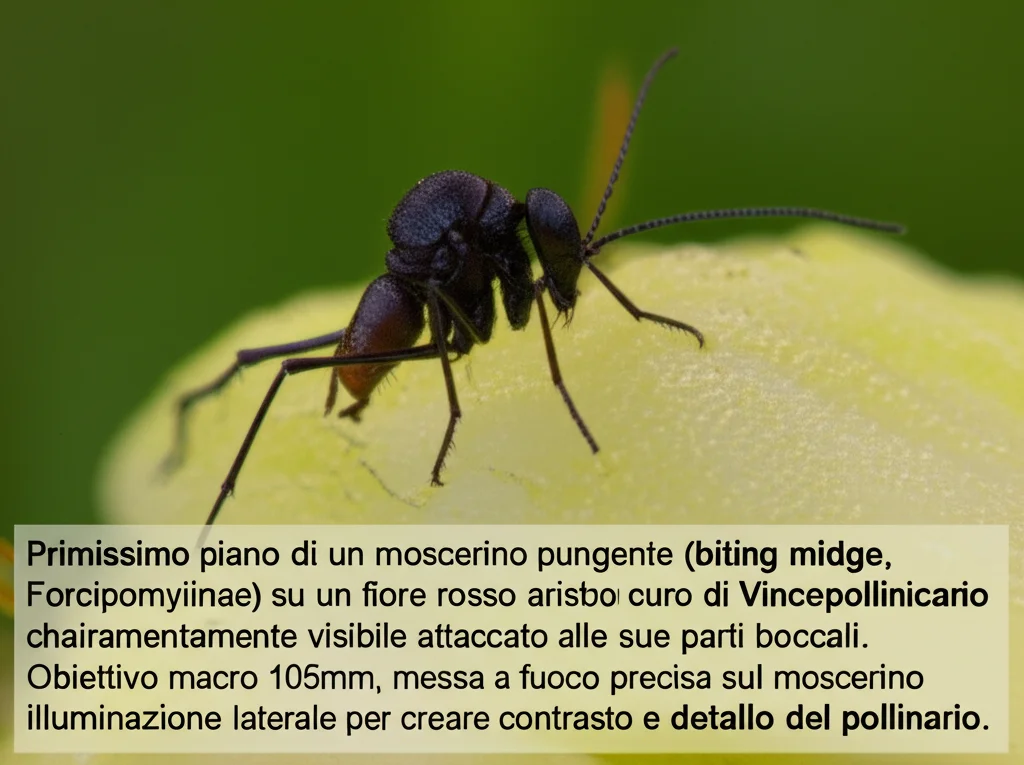 Primissimo piano di un moscerino pungente (biting midge, Forcipomyiinae) su un fiore rosso scuro di Vincetoxicum aristolochioides, con un pollinario chiaramente visibile attaccato alle sue parti boccali. Obiettivo macro 105mm, messa a fuoco precisa sul moscerino, illuminazione laterale per creare contrasto e dettaglio del pollinario.