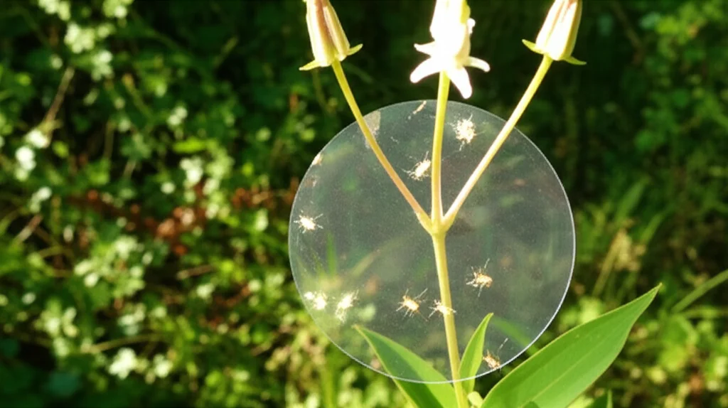 Fotografia di una trappola adesiva trasparente, di forma circolare, posizionata strategicamente dietro un'infiorescenza di Vincetoxicum aristolochioides in un ambiente boschivo. Si vedono alcuni minuscoli insetti catturati sulla superficie adesiva. Obiettivo macro 60mm, luce naturale filtrata, per mostrare la trappola in contesto con la pianta e gli insetti.