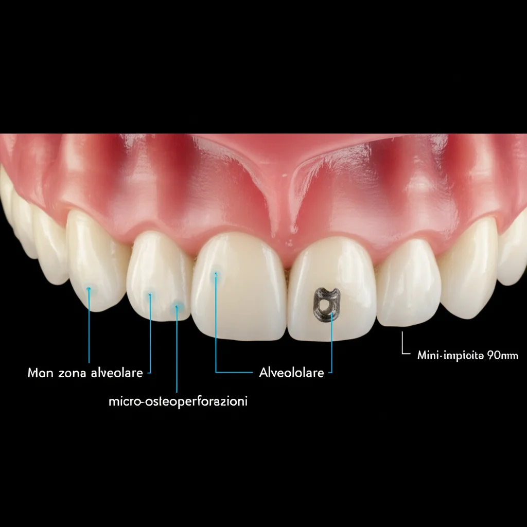 Fotografia macro di un modello dentale 3D che mostra la zona alveolare con indicazioni per micro-osteoperforazioni vicino a un canino, illuminazione da studio controllata per evidenziare i dettagli, obiettivo macro 90mm, alta definizione, con un mini-impianto ortodontico visibile.