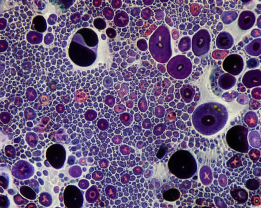 Microscopia di cellule immunitarie (linfociti T e macrofagi) che interagiscono con cellule tumorali in un microambiente cerebrale, obiettivo macro 60mm, alta definizione, illuminazione differenziale per distinguere i tipi cellulari, con focus preciso sulle interazioni.