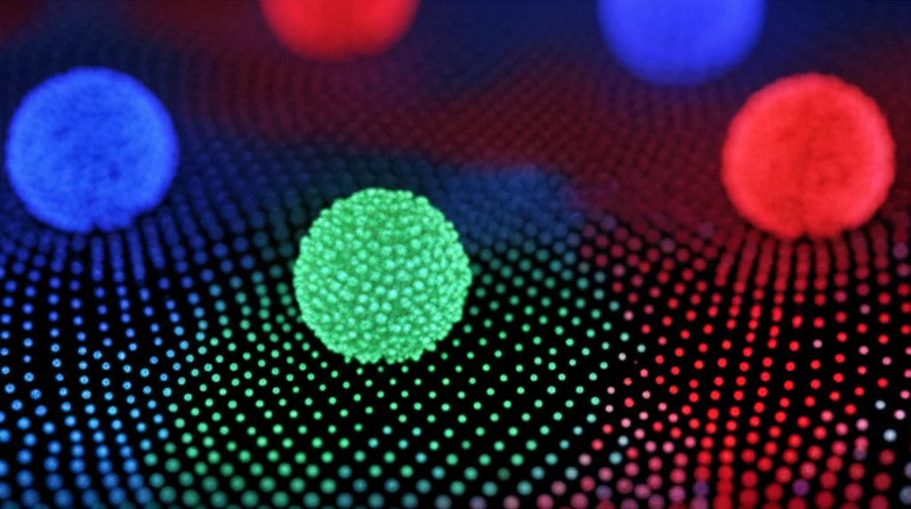 Visualizzazione astratta di tre distinti cluster di dati paziente, ognuno con un colore diverso (es. blu, verde, rosso), che emergono da una nuvola di punti dati più caotica. Macro lens, 80mm, high detail, precise focusing per simboleggiare la scoperta di pattern nascosti nei dati medici.