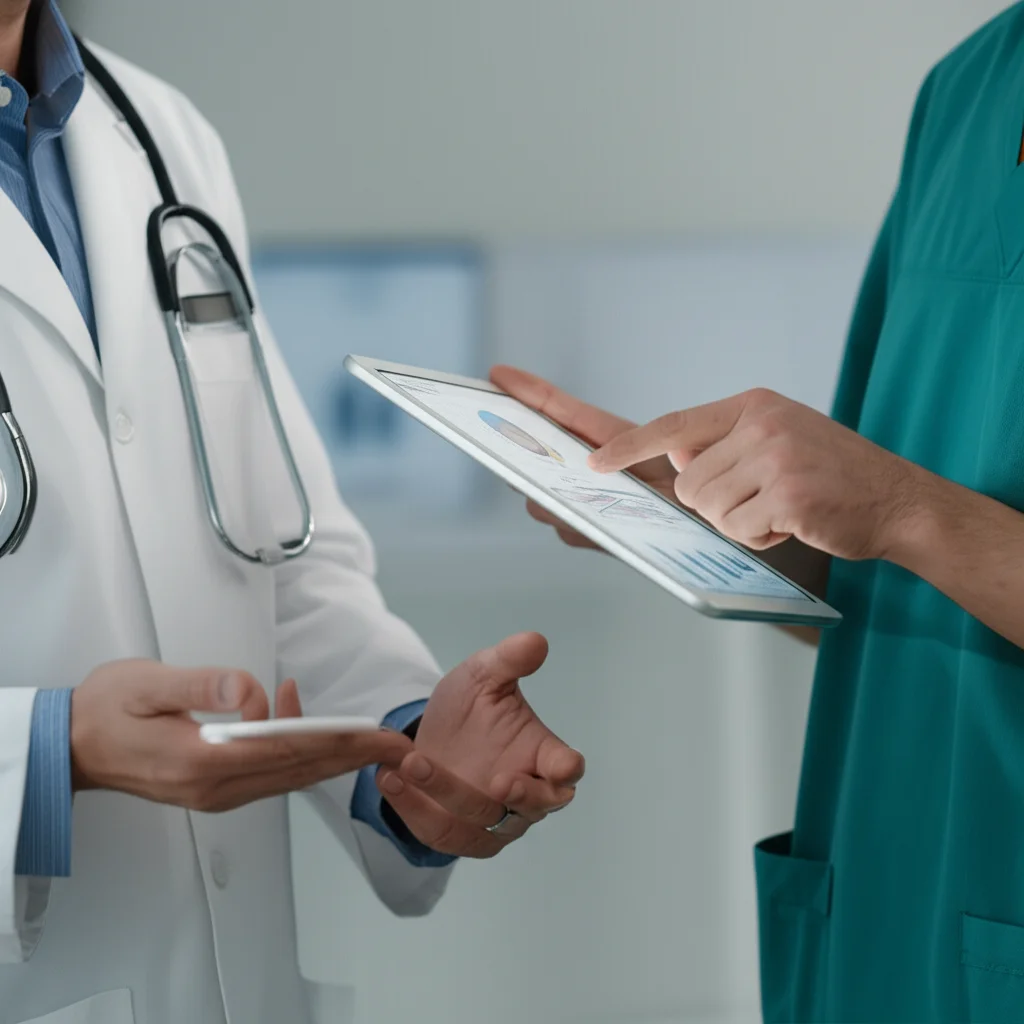 Un medico e un paziente discutono davanti a un tablet che mostra grafici personalizzati sulla prognosi e opzioni di trattamento. Obiettivo prime, 35mm, depth of field per focalizzare sull'interazione umana supportata dalla tecnologia, luce calda e accogliente.