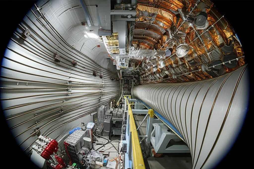 Visualizzazione fotorealistica dell'interno del dispositivo Heliotron J, con le complesse bobine magnetiche che avvolgono la camera toroidale dove il plasma viene confinato. Luce ambientale soffusa che evidenzia i dettagli metallici e tecnologici. Obiettivo grandangolare 16mm, messa a fuoco nitida su tutta la scena, lunga esposizione per catturare la stabilità della struttura.