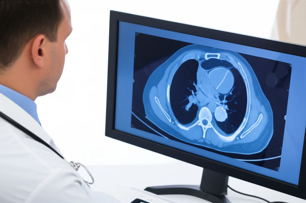 Immagine macro di un nodulo polmonare visualizzato su uno schermo CT, con un medico che lo analizza attentamente. Illuminazione controllata per evidenziare i dettagli del nodulo, obiettivo macro 90mm, alta definizione.