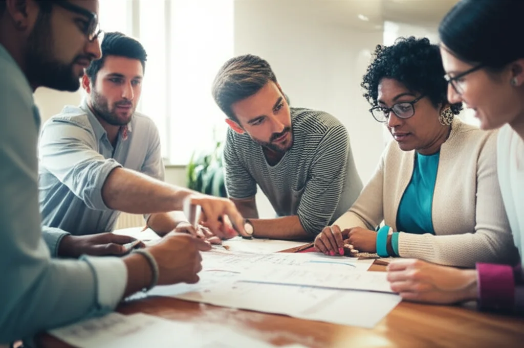 Un gruppo eterogeneo di persone, di età e background diversi, sedute attorno a un tavolo di legno grezzo in una stanza luminosa. Stanno animatamente ma costruttivamente discutendo, indicando dei fogli sparsi sul tavolo con diagrammi e parole chiave. L'atmosfera è collaborativa. Stile: fotografia di ritratto di gruppo, obiettivo prime 35mm, luce naturale diffusa, profondità di campo media per mantenere a fuoco i volti e le mani che gesticolano, colori naturali e vibranti.