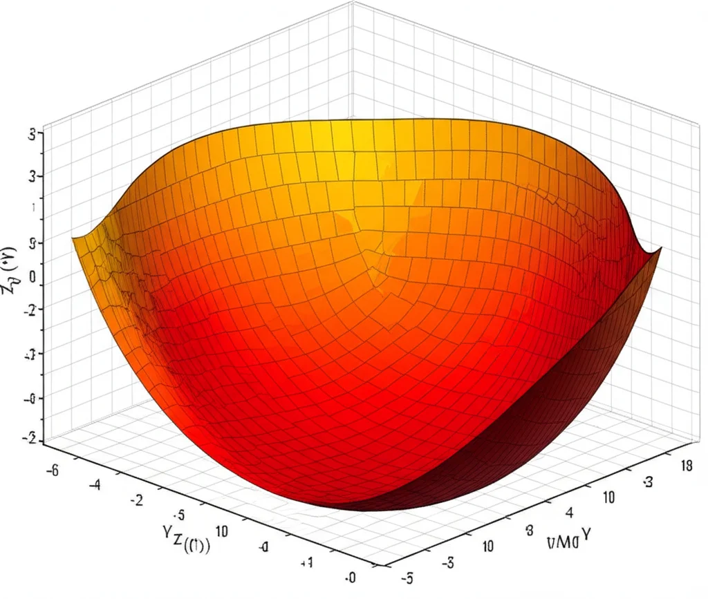 Un grafico 3D colorato e complesso generato dalla Metodologia della Superficie di Risposta (RSM). Il grafico mostra una superficie curva che rappresenta l'efficienza termica (asse Z) in funzione della temperatura di ingresso all'espansore (asse X) e della frazione di massa di un componente del fluido ZMO (asse Y). Le aree di picco della superficie sono evidenziate con colori caldi (rosso, arancione) per indicare le condizioni ottimali. Macro lens, 100mm, high detail, precise focusing, illuminazione diffusa per una chiara leggibilità degli assi e della superficie.