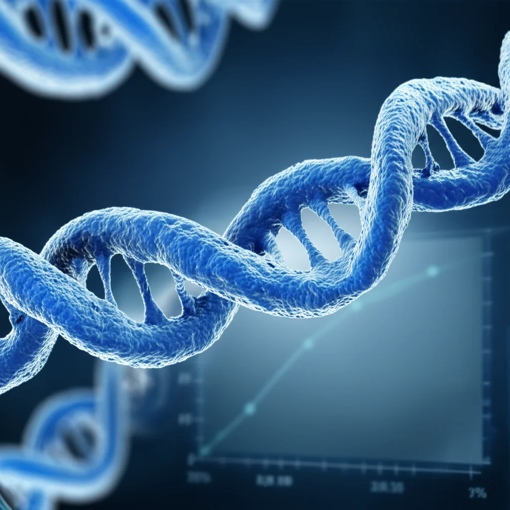 Visualizzazione artistica di una molecola di LncRNA KIF9-AS1 che interagisce con cellule polmonari, con un grafico ROC in background che mostra l'accuratezza diagnostica. Colori duotone blu e argento, profondità di campo, obiettivo 35mm.
