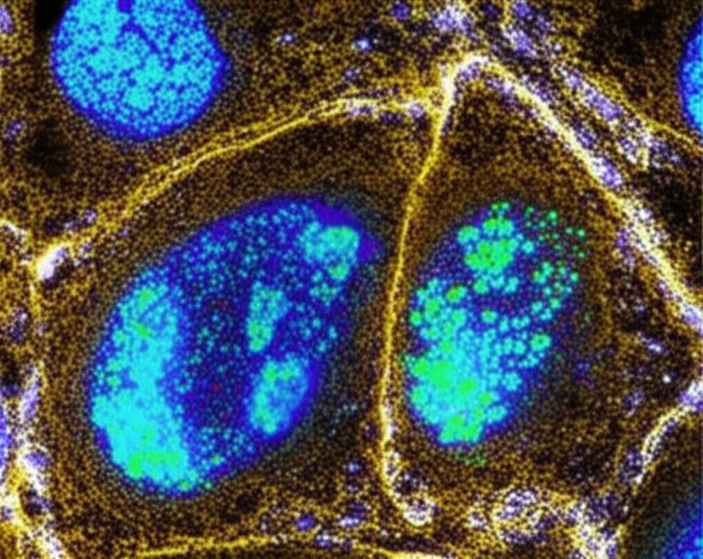 Visualizzazione al microscopio ad alta risoluzione di cellule di linfoma diffuso a grandi cellule B (DLBCL). Un ingrandimento digitale evidenzia la proteina BEND4 (magari con un colore fluorescente distintivo) all'interno del nucleo di una cellula tumorale, suggerendo il suo ruolo nella regolazione genica. Obiettivo macro 100mm, illuminazione controllata da laboratorio, alta definizione, dettagli precisi.