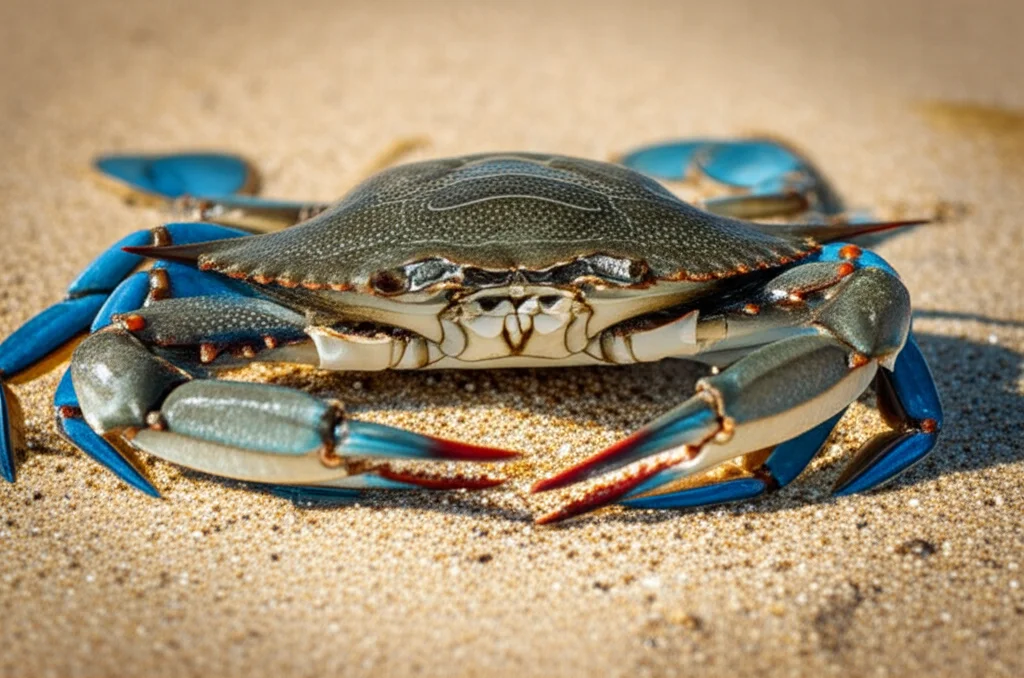 Macro fotografia di un granchio blu (Callinectes sapidus) su una spiaggia sabbiosa, obiettivo macro 100mm, alta definizione dei dettagli del carapace e delle chele, illuminazione controllata per esaltare i colori bluastri e rossastri del crostaceo.