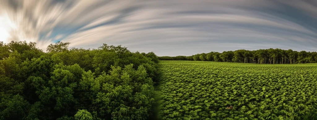 Wide-angle landscape, 18mm, un ecosistema forestale sano e rigoglioso a sinistra, contrastato da un'area a destra invasa da una singola specie di pianta aliena, creando una netta divisione visiva. Luce del tardo pomeriggio, cielo parzialmente nuvoloso, long exposure per nuvole soffici.