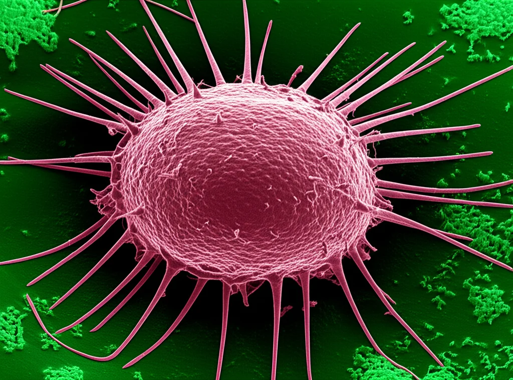 Immagine al microscopio elettronico a scansione di Acanthamoeba spp. che mostra la sua struttura cellulare complessa, con pseudopodi estesi. Dettaglio elevato, illuminazione scientifica, obiettivo macro 60mm.