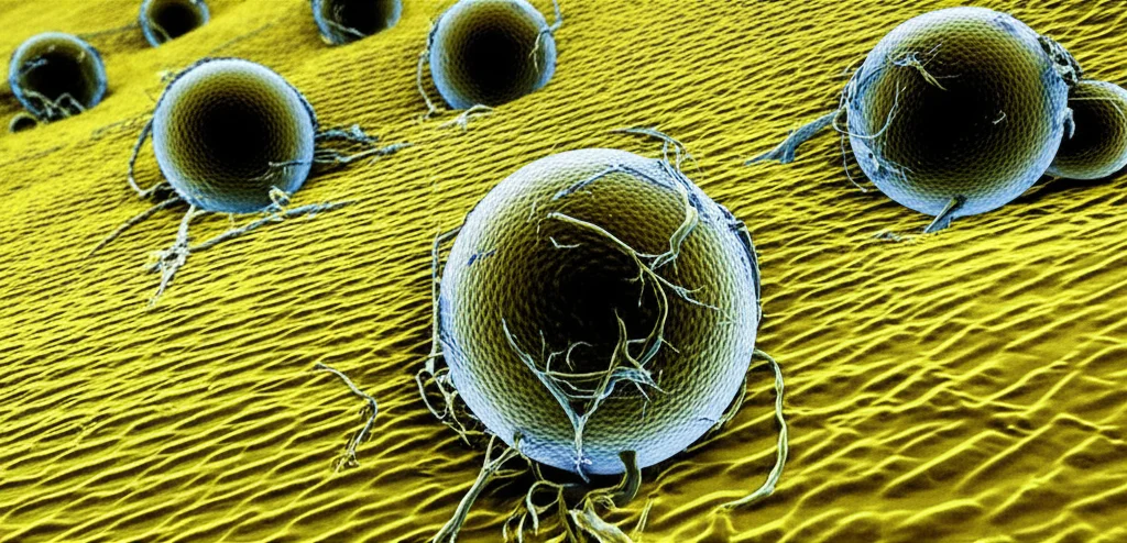 Visualizzazione 3D di nanocompositi magnetici rivestiti di acido umico che interagiscono con la parete cellulare di una cisti di Acanthamoeba. Focus preciso, illuminazione controllata, stile fotorealistico scientifico, obiettivo macro 90mm.