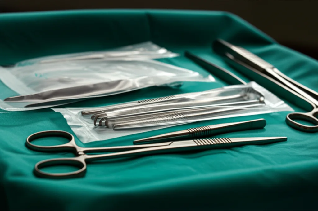 Scatto macro di un set chirurgico sterile parzialmente disimballato su un telo verde in una sala operatoria, obiettivo macro 100mm, illuminazione controllata per evidenziare i dettagli e la pulizia, alta definizione.